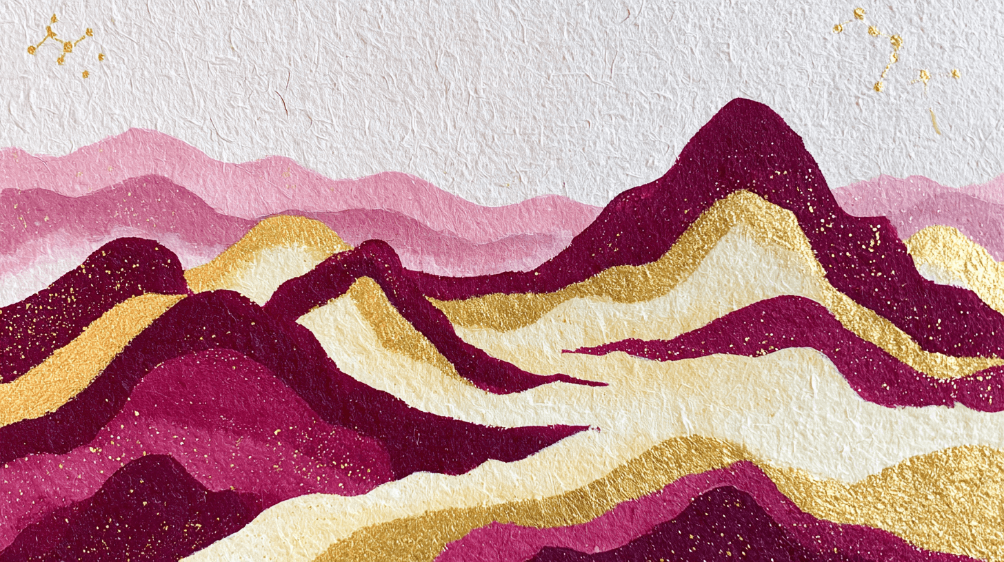 Hongsimdang hanji-style burgundy and gold mountain landscape